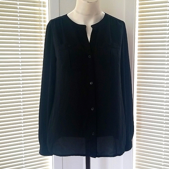 LOFT Black Sheer Band Collar Long Sleeves Top with pockets - Picture 1 of 4